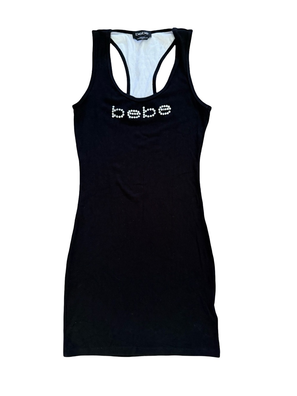 Vintage Bebe Rhinestone Logo Bodycon Tank Dress Black Ribbed Racerback Small USA